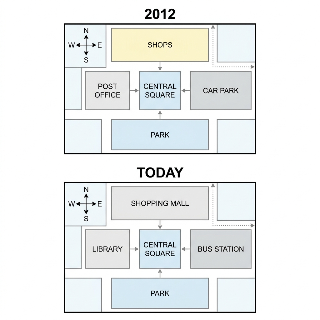 Two maps showing a town's central square in 2012 and today.