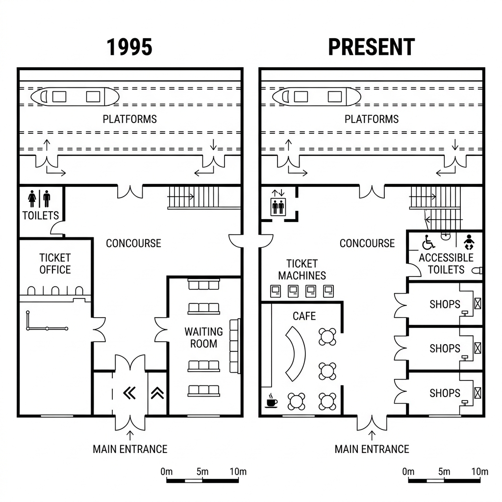 Two maps showing the layout of a town railway station in 1995 and present day.