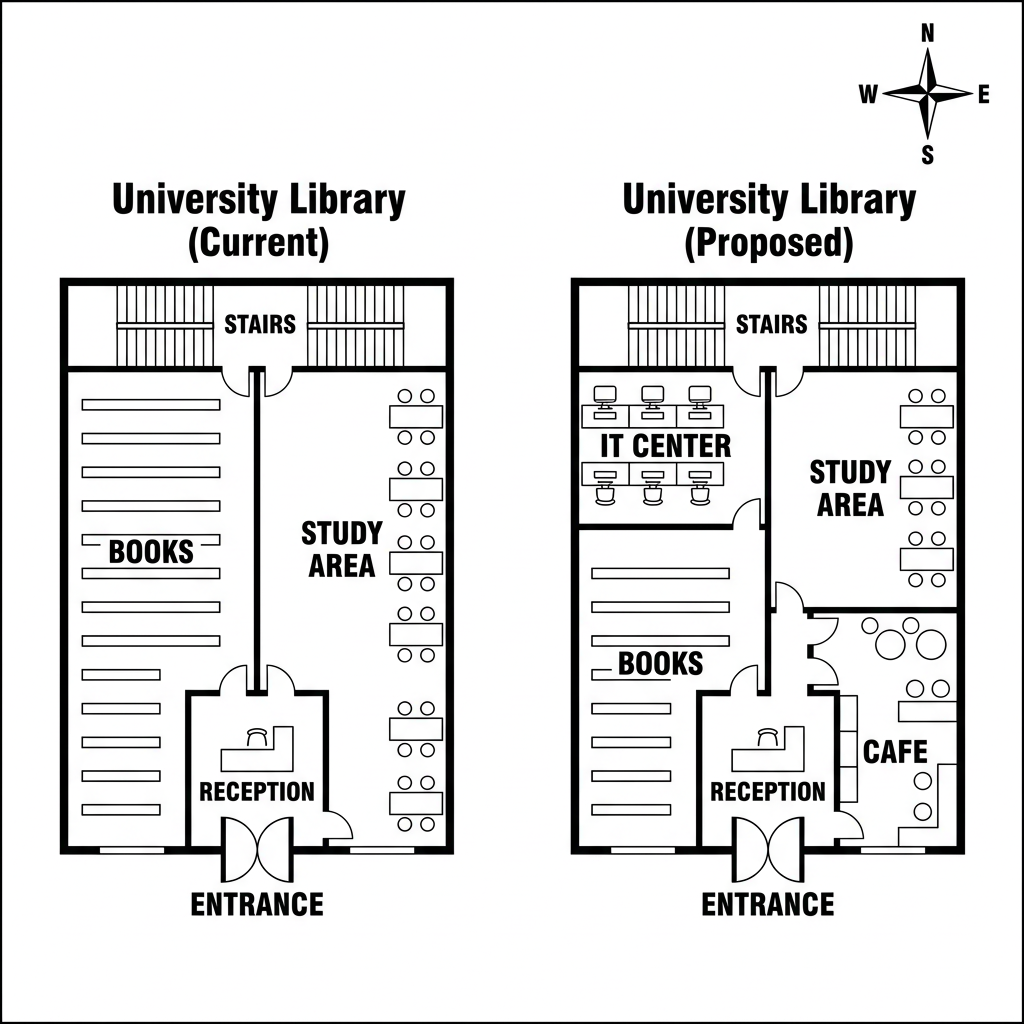Two maps showing the current layout and proposed redevelopment of a university library ground floor.