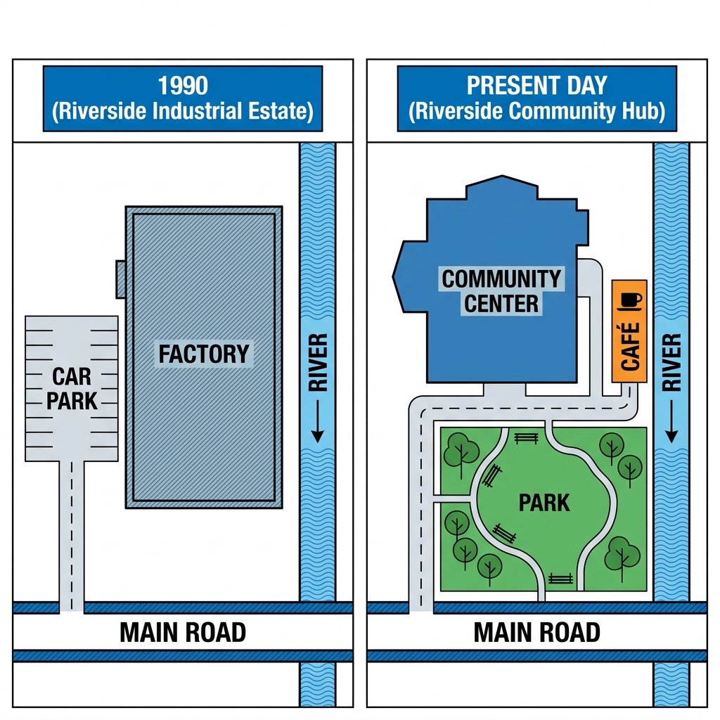 Two maps showing the transformation of an industrial site into a community hub between 1990 and the present day