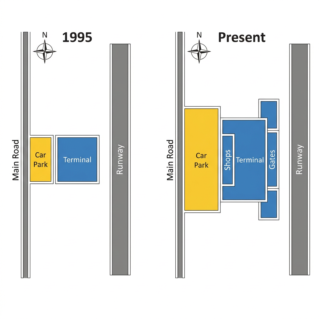 Two maps showing a regional airport in 1995 and its present layout.