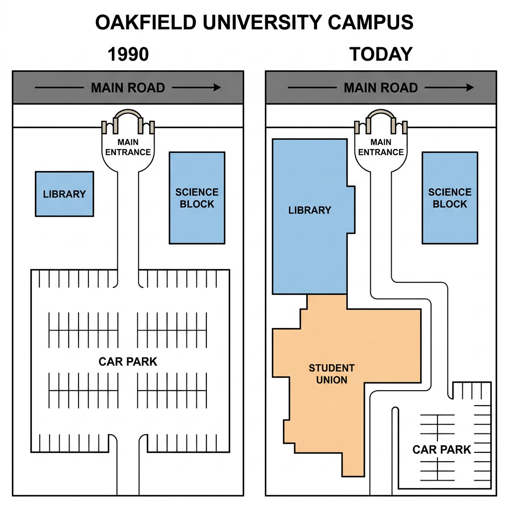 Two maps showing the changes to the layout of Oakfield University Campus between 1990 and today.