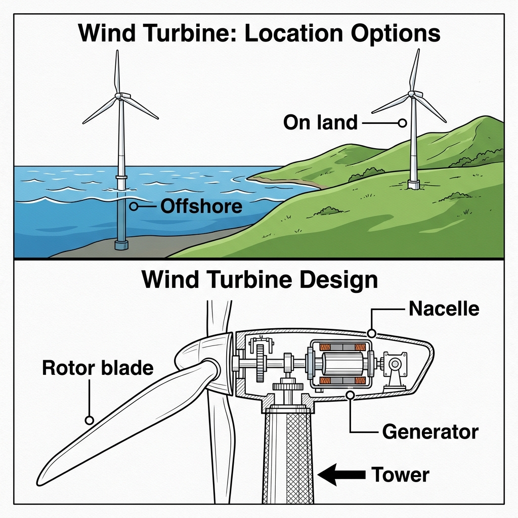 Diagram showing wind turbine location options