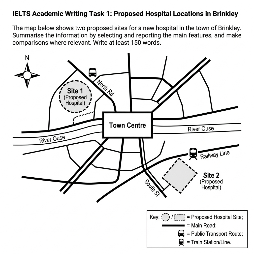 A map of the town of Brinkley showing two proposed sites for a new hospital, labeled H1 and H2.