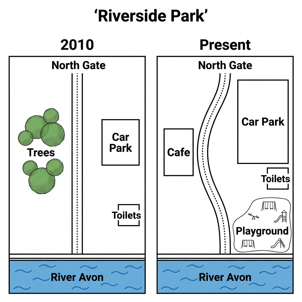 Two maps of Riverside Park showing its layout in 2010 and the present day.