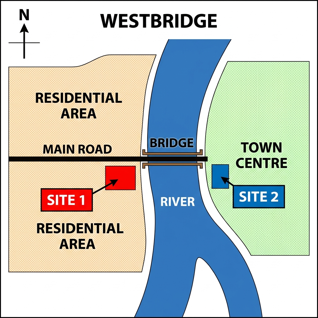 A map of the town of Westbridge showing two proposed sites, Site A and Site B, for a new leisure centre.