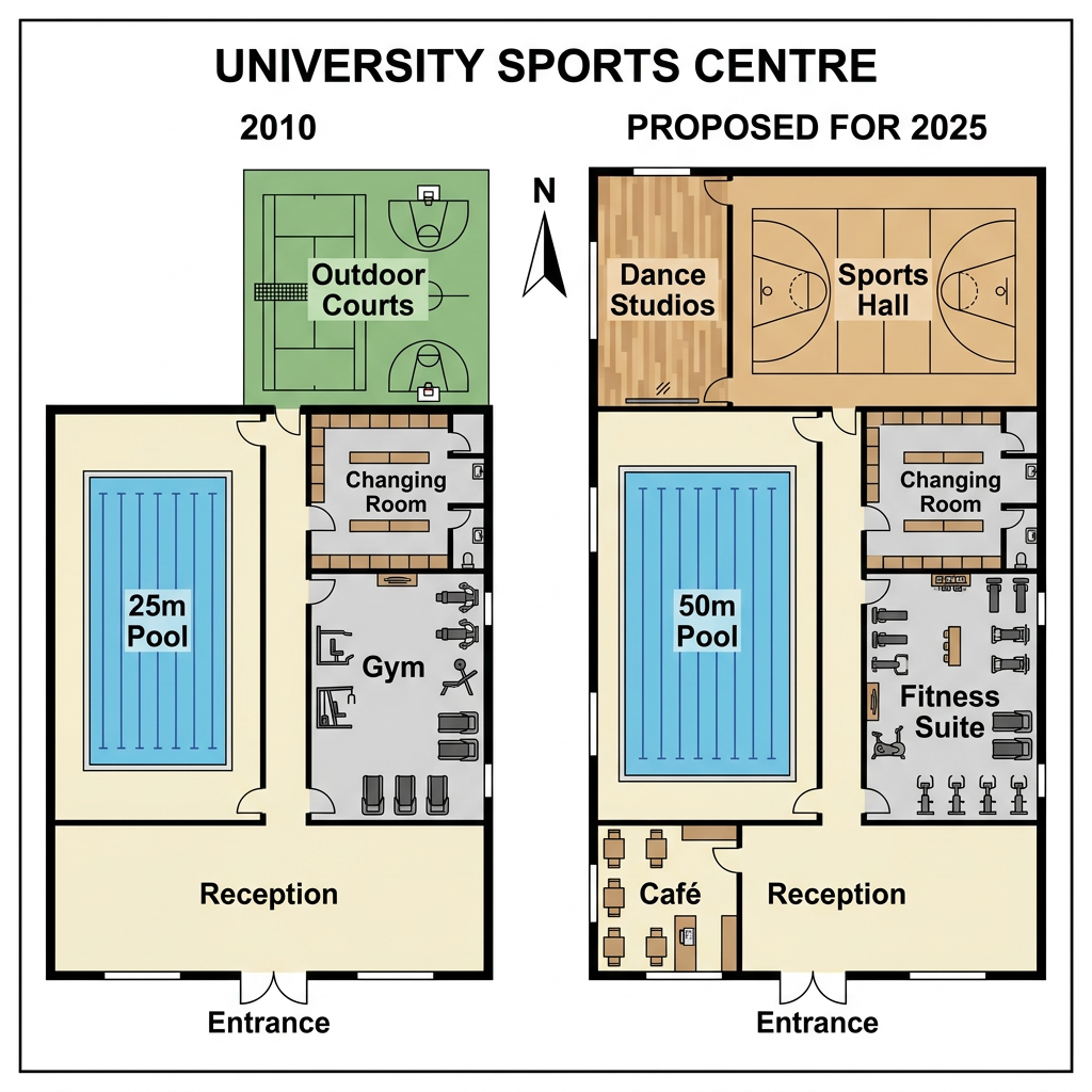 Two maps showing the layout of a university sports centre in 2010 and proposed changes for 2025.
