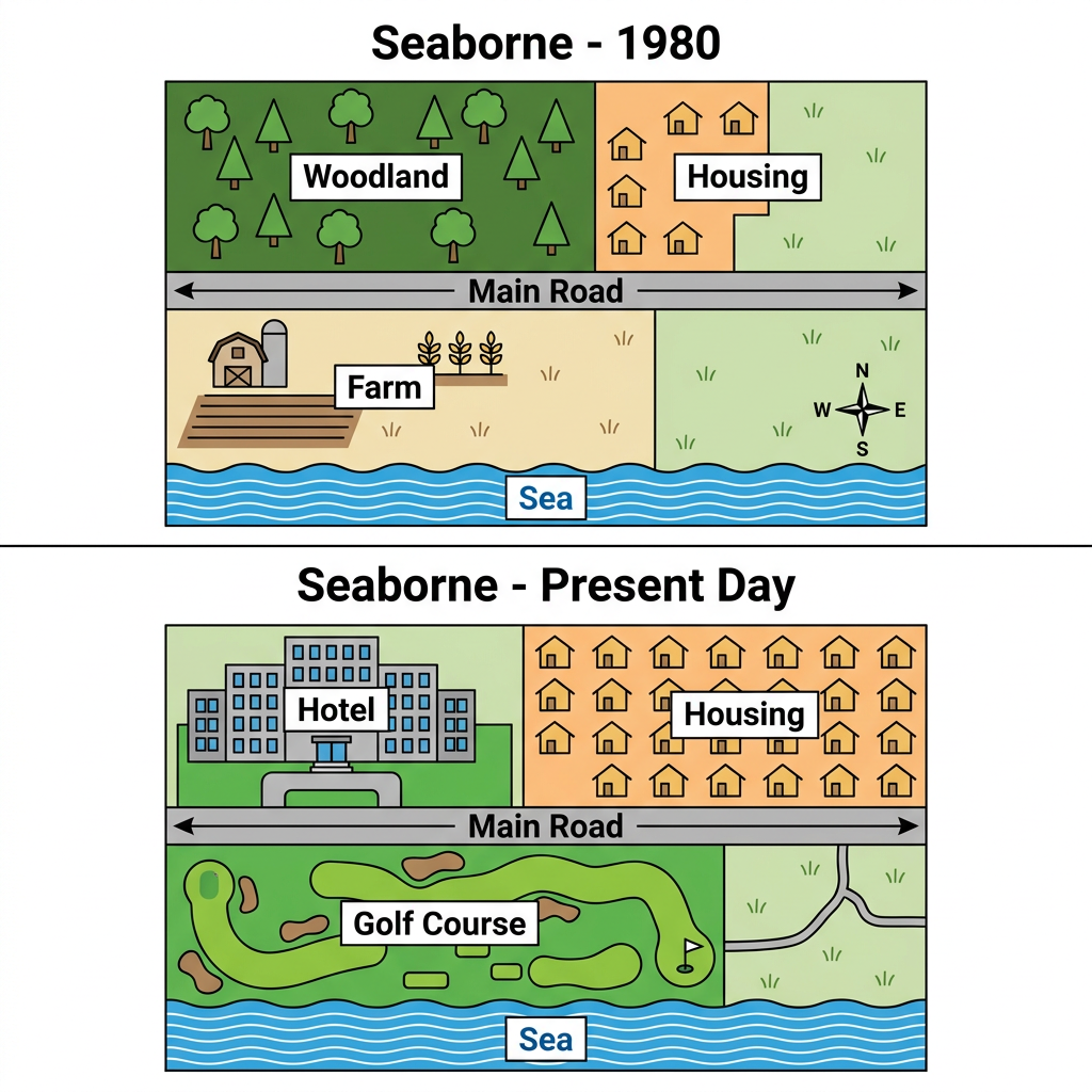 Two maps showing the coastal town of Seaborne in 1980 and the present day.