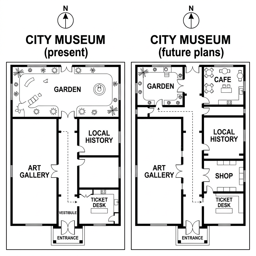 Two floor plans showing a city museum layout at present and its future redevelopment plans.