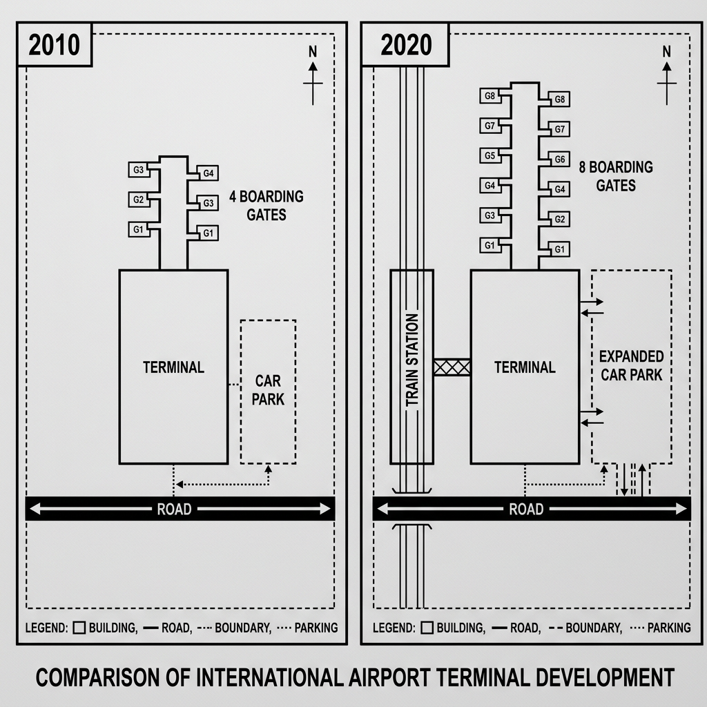 Two maps showing the layout and transport access of an international airport terminal in 2010 and 2020.