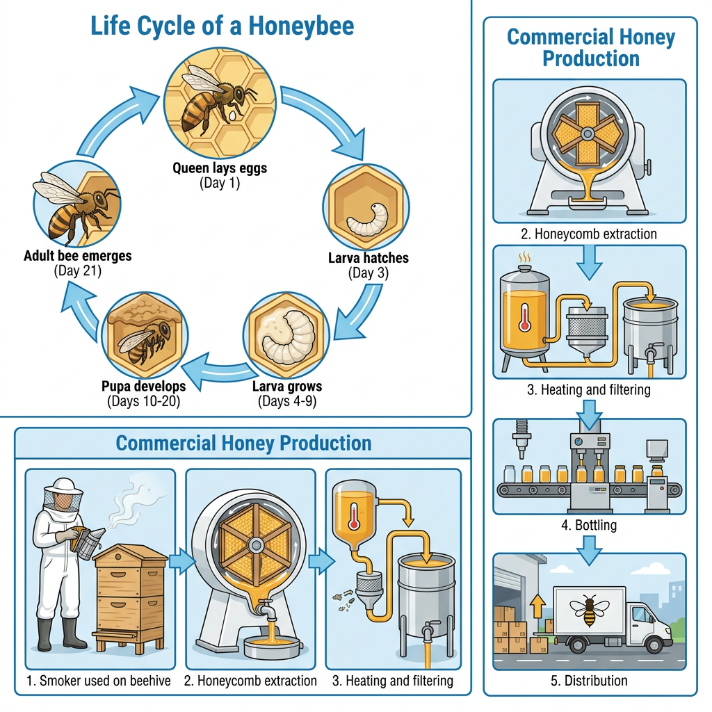 Diagram showing the life cycle of a honeybee in a 21-day clockwise circular flow.