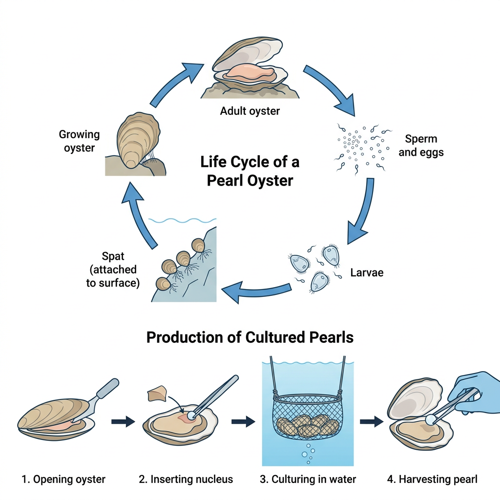 Two diagrams illustrating the pearl oyster life cycle and the cultured pearl production process.