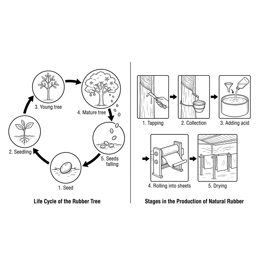 Two diagrams showing the life cycle of a rubber tree and the steps involved in the production of natural rubber.