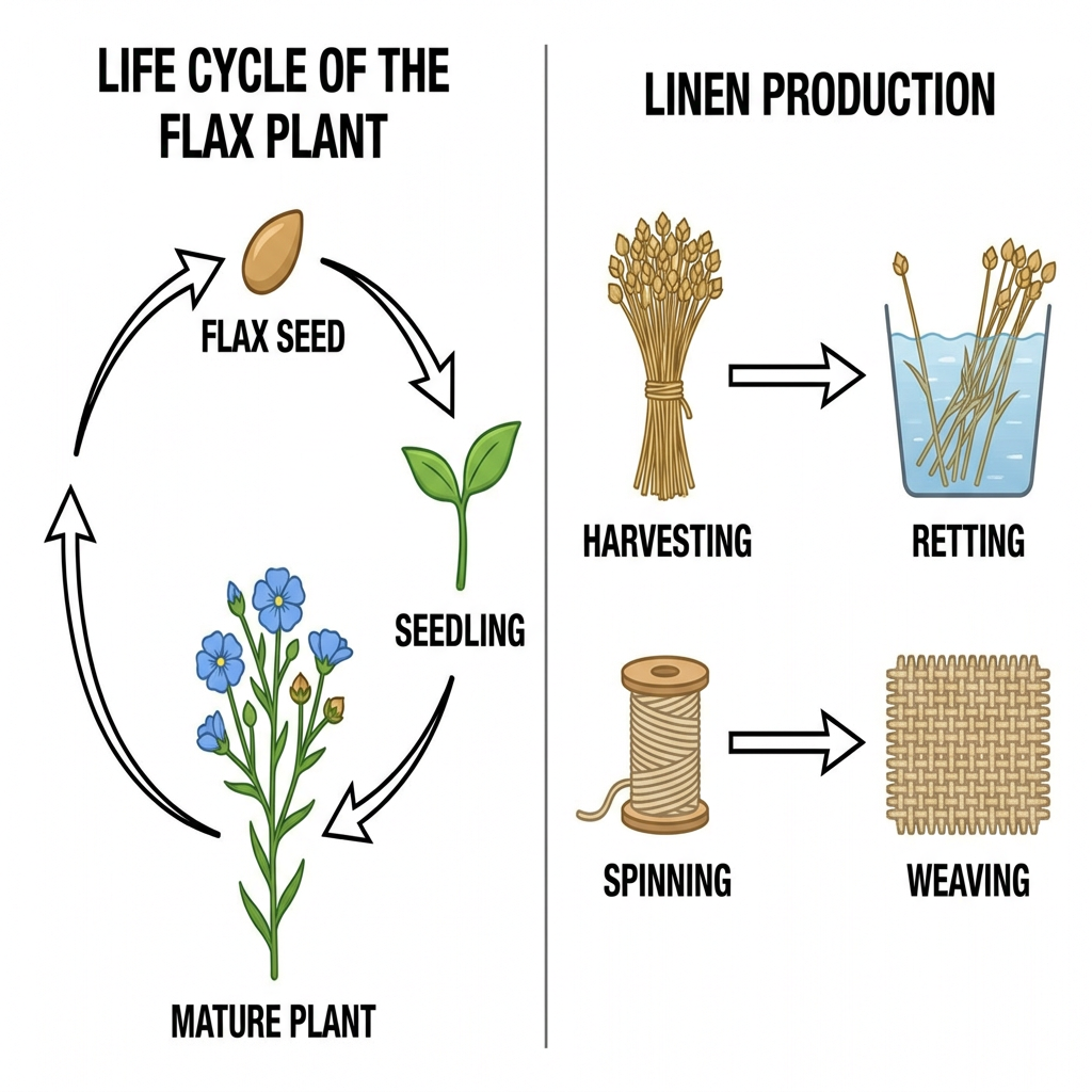 Two diagrams showing the life cycle of the flax plant and the sequential process of producing linen cloth.