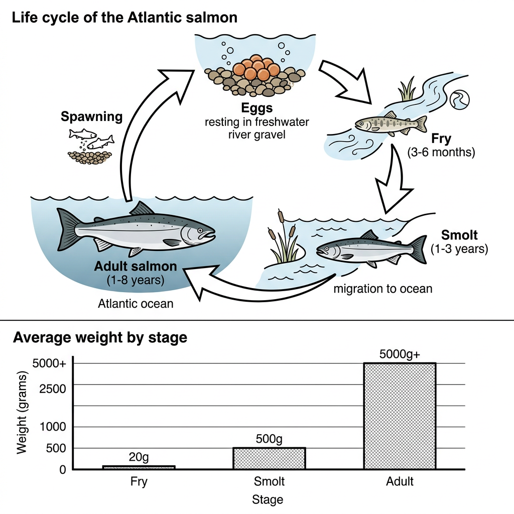 Two diagrams showing the life cycle of the Atlantic salmon and the commercial production process of smoked salmon.
