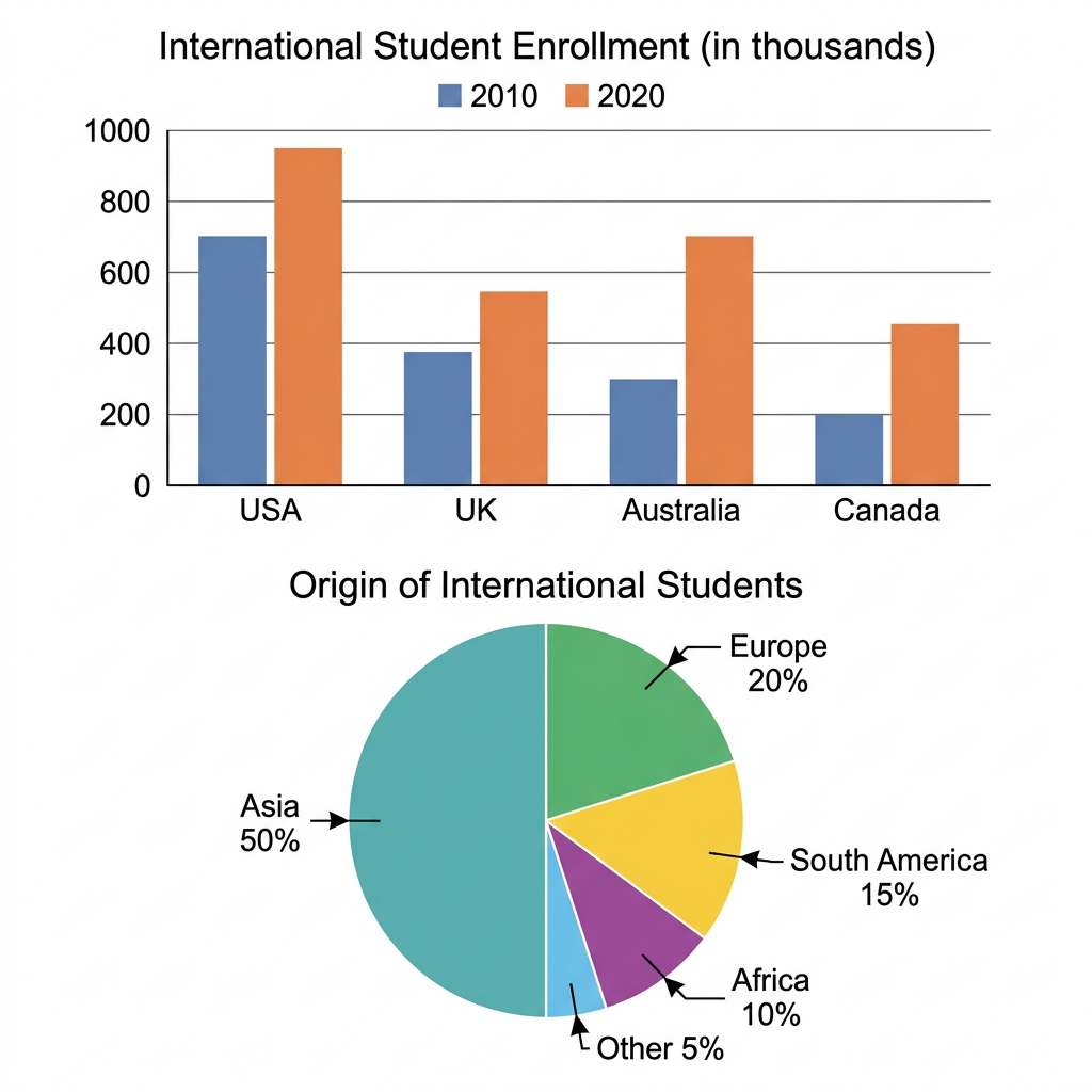 A bar chart displaying international student enrollments for four countries in 2010 and 2020, and a pie chart showing primary student funding sources in 2020.
