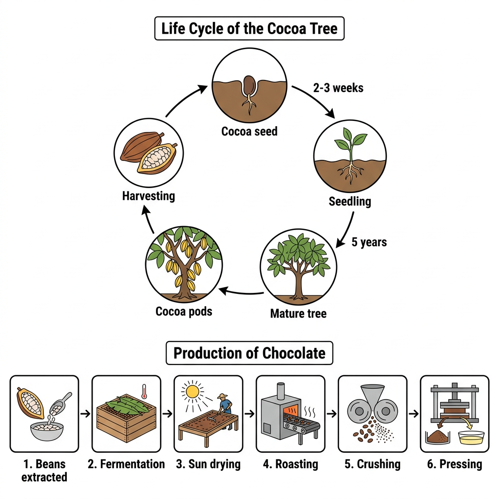 Two diagrams illustrating the life cycle of a cocoa tree and the process of chocolate production.
