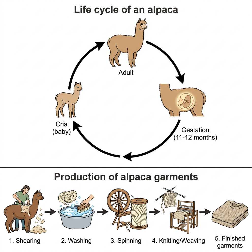 Two diagrams showing the life cycle of an alpaca and the manufacturing process of alpaca garments.