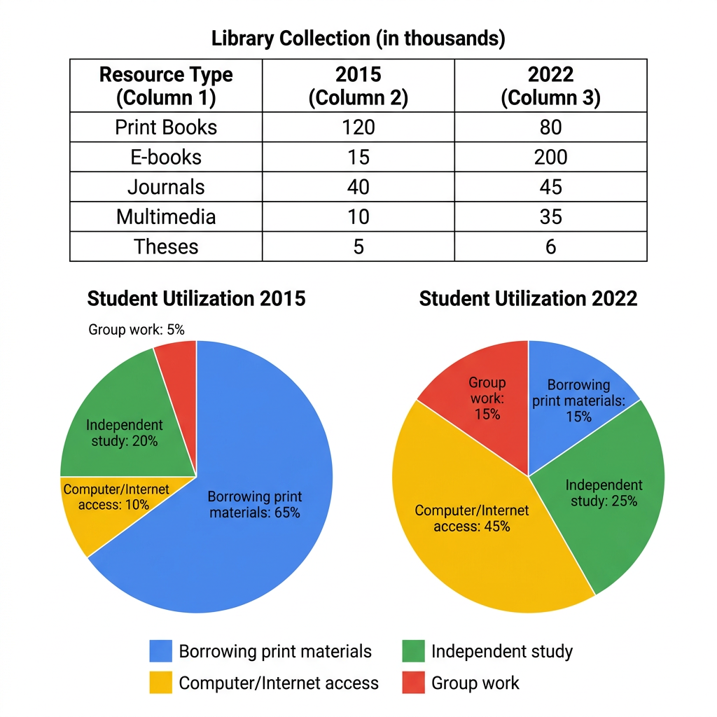 A table showing university library collection sizes and two pie charts showing student usage breakdown in 2015 and 2022.