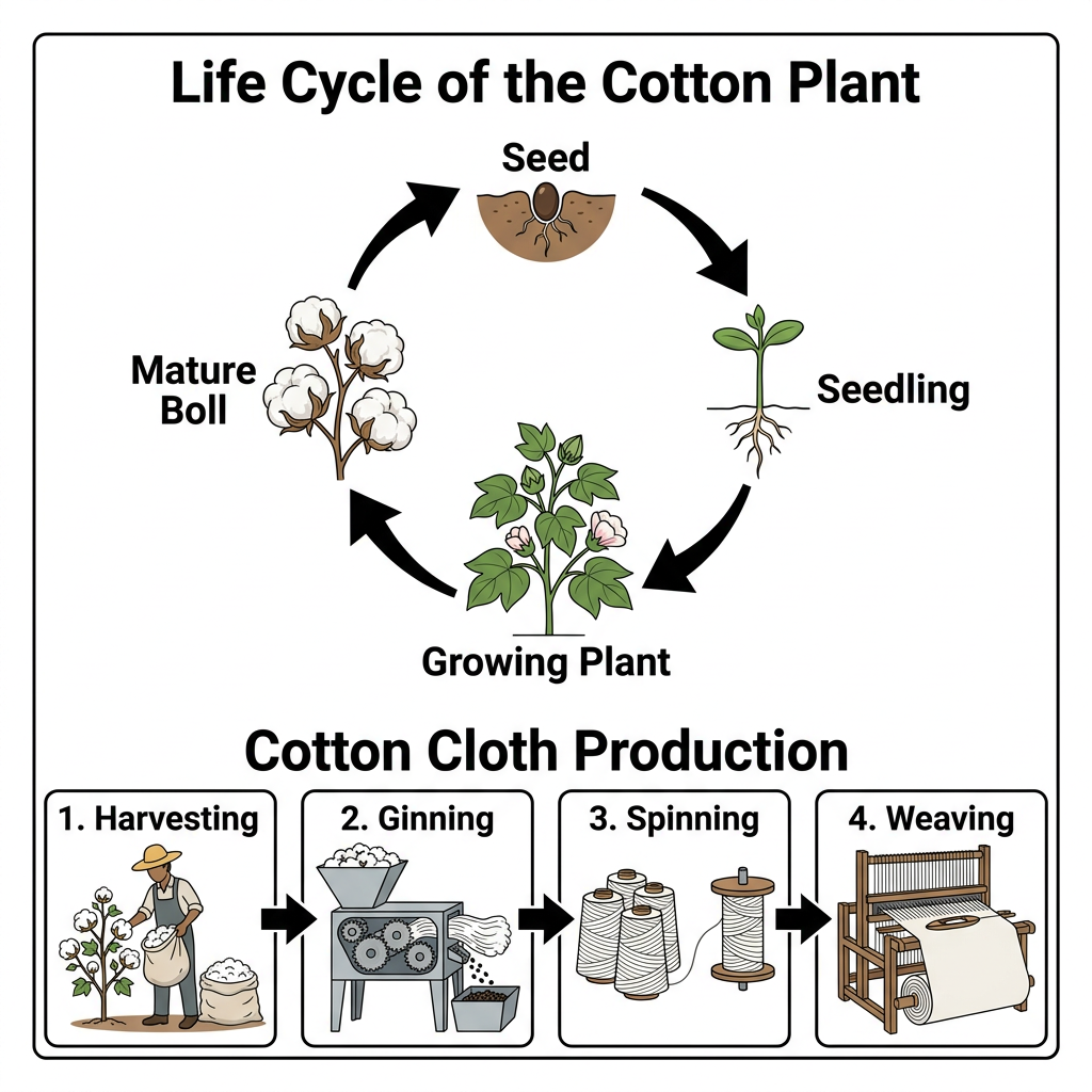 Two diagrams showing the life cycle of a cotton plant and the industrial process of manufacturing cotton cloth.