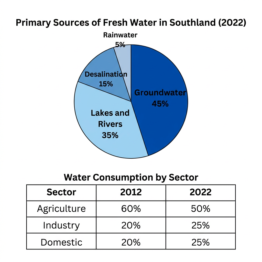 A pie chart showing Southland's fresh water sources in 2022 and a table showing water consumption by sector in 2012 and 2022.