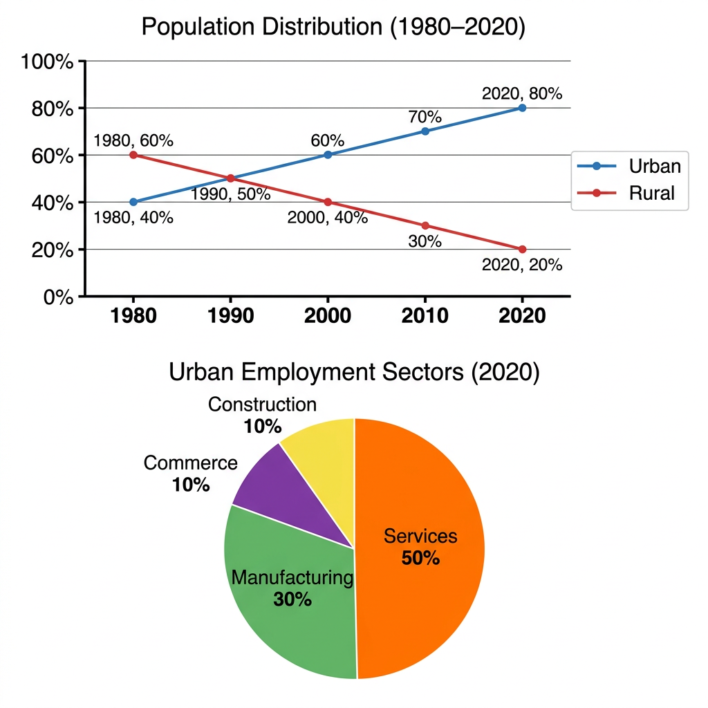 Writing task 1 mixed visual showing a line graph of population distribution and a pie chart of employment sectors.