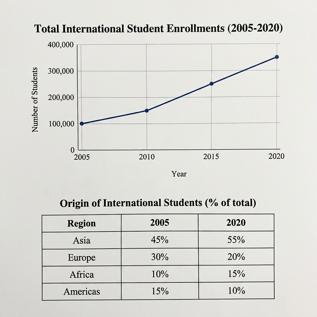 Writing task 1 visual showing a line graph of total international student enrollments in Canada from 2005 to 2020, and a table detailing the percentage breakdown of these students by region of origin in 2005 and 2020.