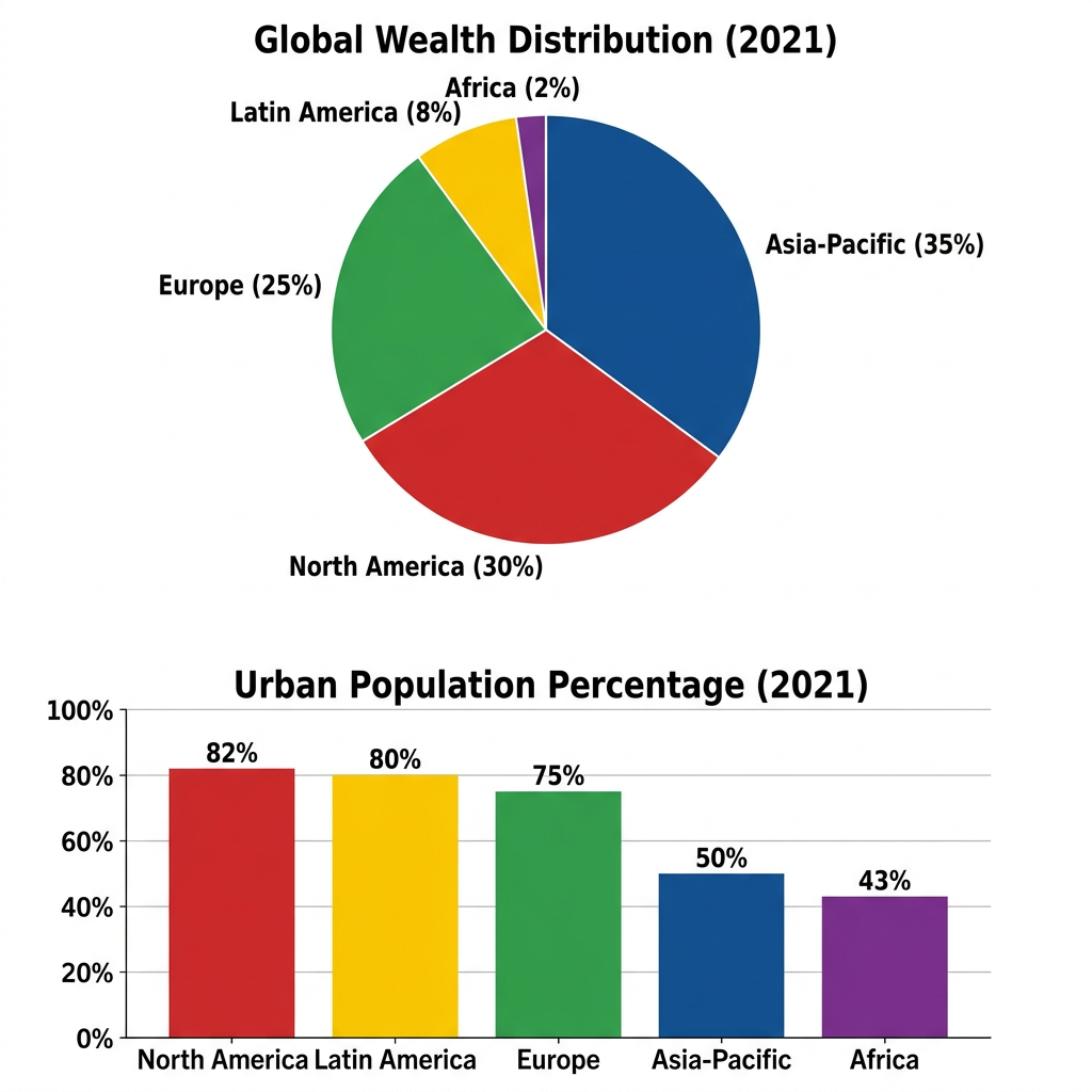 A pie chart showing global wealth distribution and a bar chart showing urban population percentages by region for the year 2021.