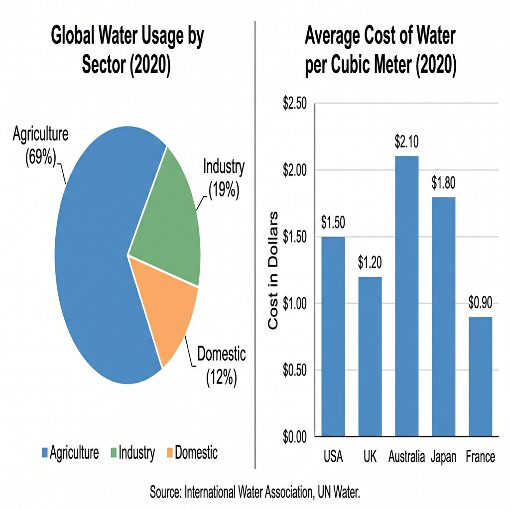 A pie chart displaying global water usage by sector and a bar chart showing the average cost of water in five countries.