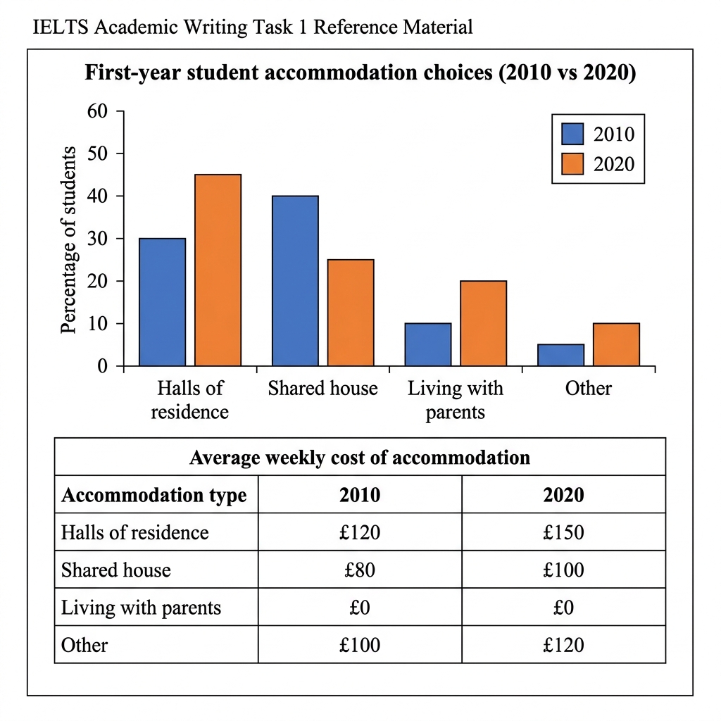 A bar chart and a table detailing first-year university student accommodation choices and average weekly costs in the years 2010 and 2020.