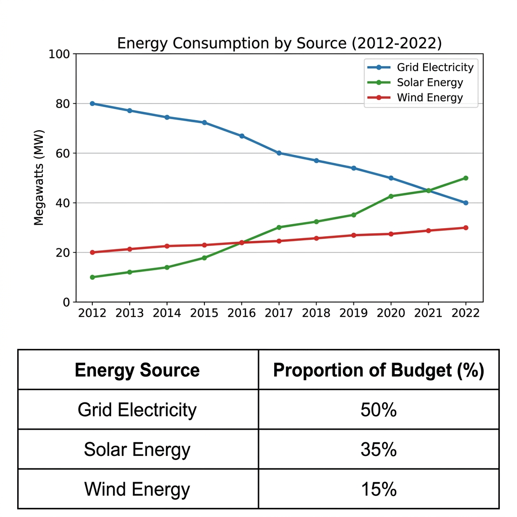 A line graph showing university energy consumption from three sources between 2012 and 2022, alongside a table detailing the percentage of the energy budget spent on these sources in 2022.