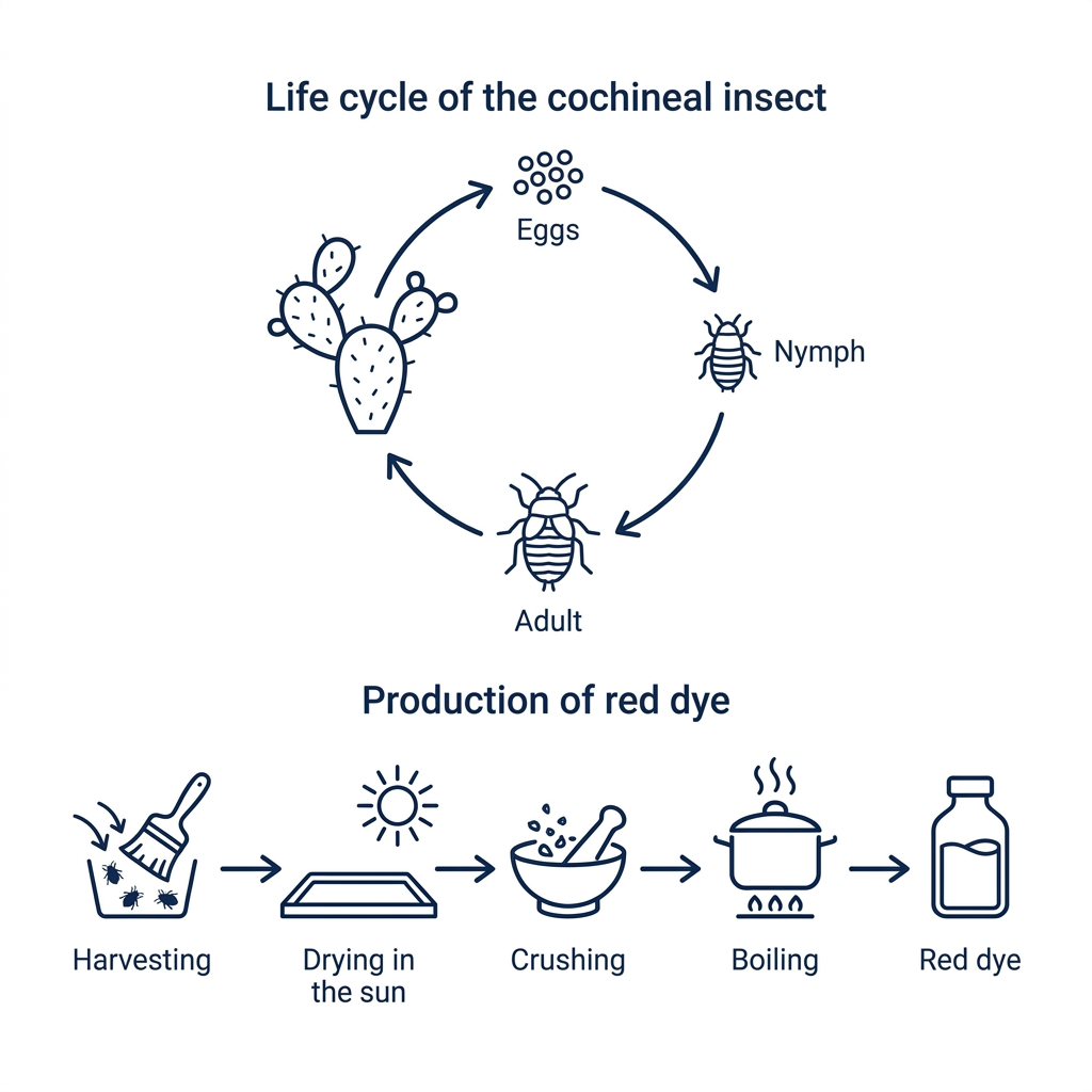 Two diagrams showing the life cycle of the cochineal insect and the process of producing red food dye.