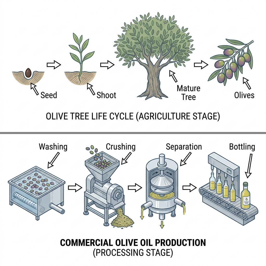 The image contains two diagrams. The first is a circular diagram titled 'Life Cycle of the Olive Tree'. It shows six stages connected by arrows in a continuous clockwise loop: 1. A small olive seed (pit) planted in the ground. 2. A small sprout emerging from the soil, labeled '1 to 2 months'. 3. A young sapling tree, labeled '1 to 3 years'. 4. A fully grown, mature tree, labeled '5+ years'. 5. A close-up of small white flowers blooming on a branch, labeled 'spring'. 6. A close-up of round olives turning from green to black, labeled 'autumn'. An arrow points from the mature olives back to the seed, completing the cycle. The second diagram is a linear flowchart titled 'Olive Oil Production'. It consists of six sequential steps from left to right: 1. 'Harvesting': A long stick is shown beating the branches of an olive tree, with olives falling into a net below. 2. 'Washing': Olives are passed through a water bath where loose leaves and dirt are removed. 3. 'Milling': Large mechanical stone wheels are depicted crushing the whole olives into a thick, dark paste. 4. 'Pressing': The olive paste is placed in a mechanical press, and liquid is squeezed out into a lower container. 5. 'Separation': The extracted liquid sits in a vat where golden oil floats to the top, naturally separating from the water below. 6. 'Bottling': The purified golden oil is funneled into glass bottles ready for distribution.