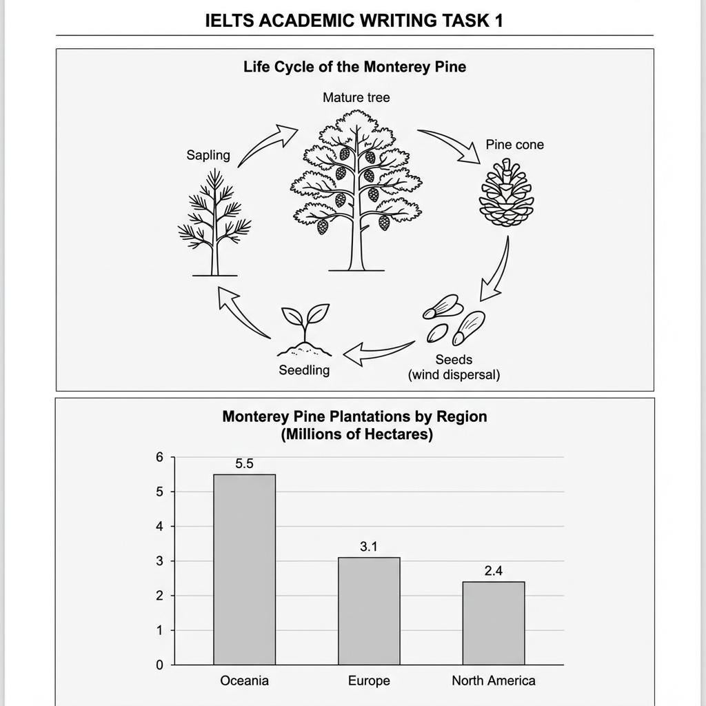 A two-part diagram showing the life cycle of the Monterey pine tree and the subsequent paper manufacturing process.
