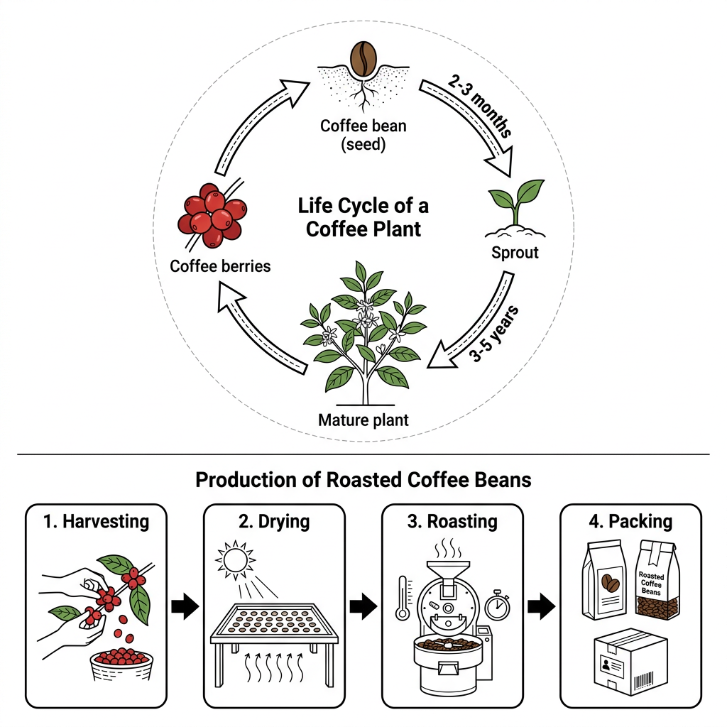 Writing Task 1 Mixed visual showing the life cycle of a coffee plant and the production of roasted coffee beans
