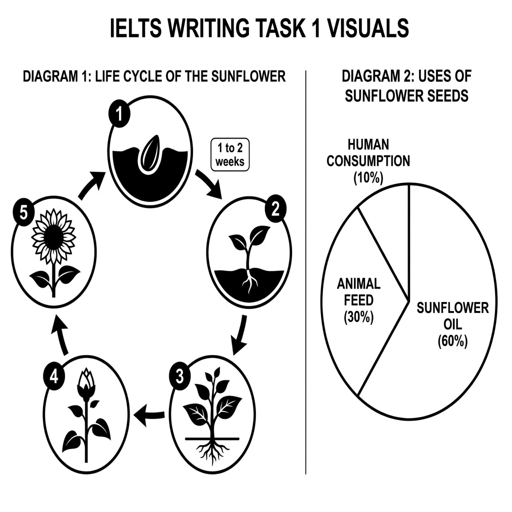 Two diagrams illustrating the life cycle of a sunflower and the process of producing sunflower oil.