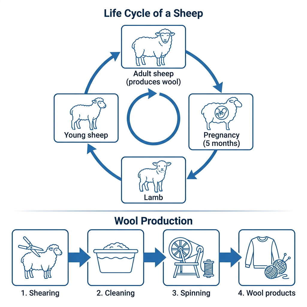 Two diagrams: the first showing the circular life cycle of a sheep from lamb to adult, and the second showing the step-by-step linear process of manufacturing wool cloth from shearing to weaving.
