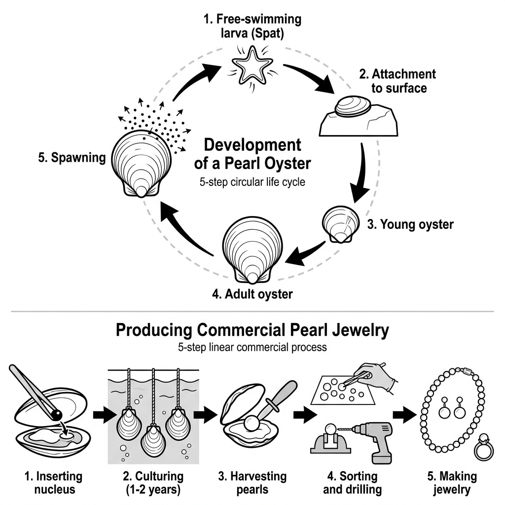 Two diagrams showing the biological development of a pearl oyster and the commercial production steps for pearl jewelry.
