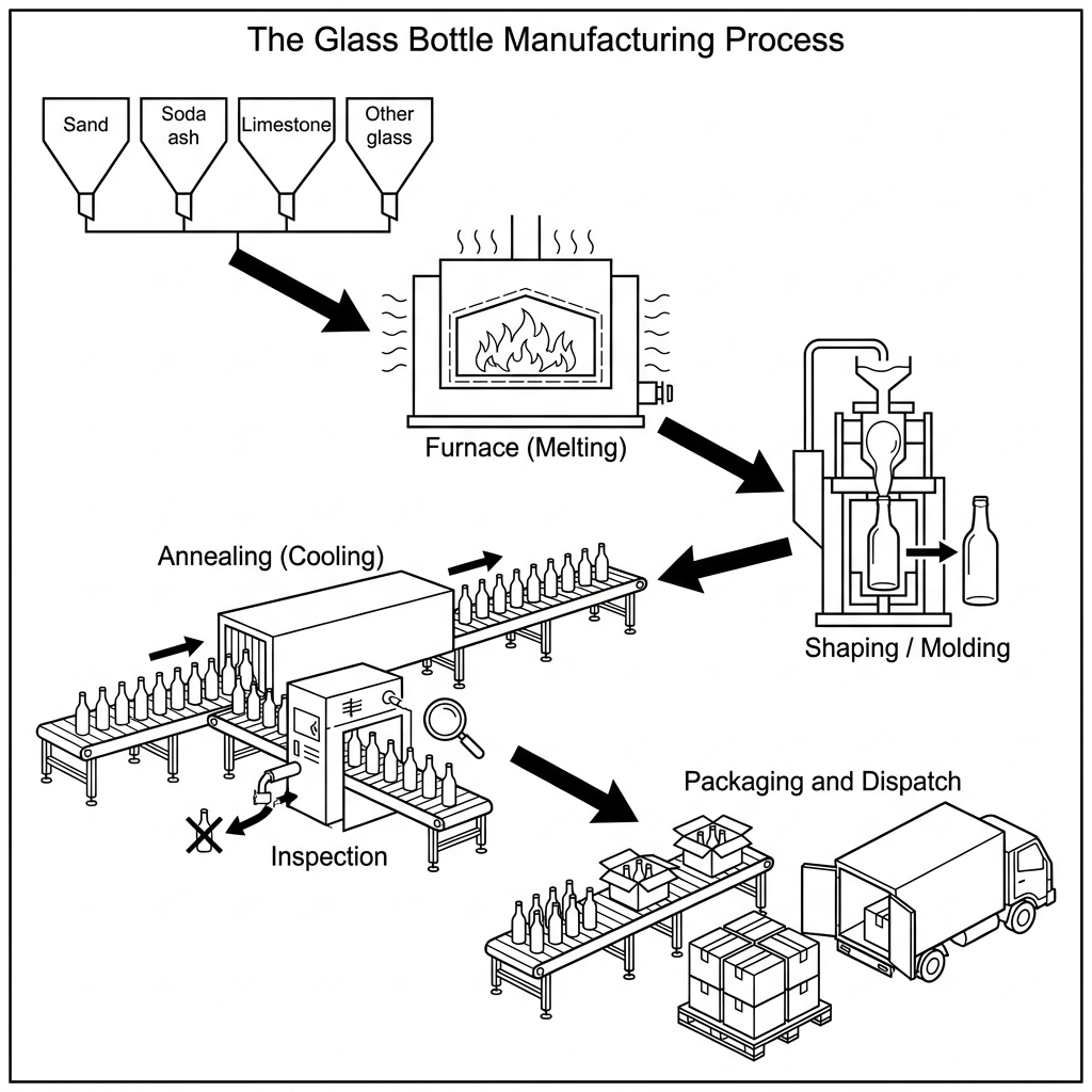A process diagram showing the manufacturing of glass bottles from raw materials to dispatch.