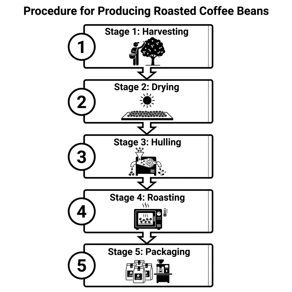 A flowchart illustrating the seven-stage procedure for producing roasted coffee beans, from harvesting through to packaging and delivery.