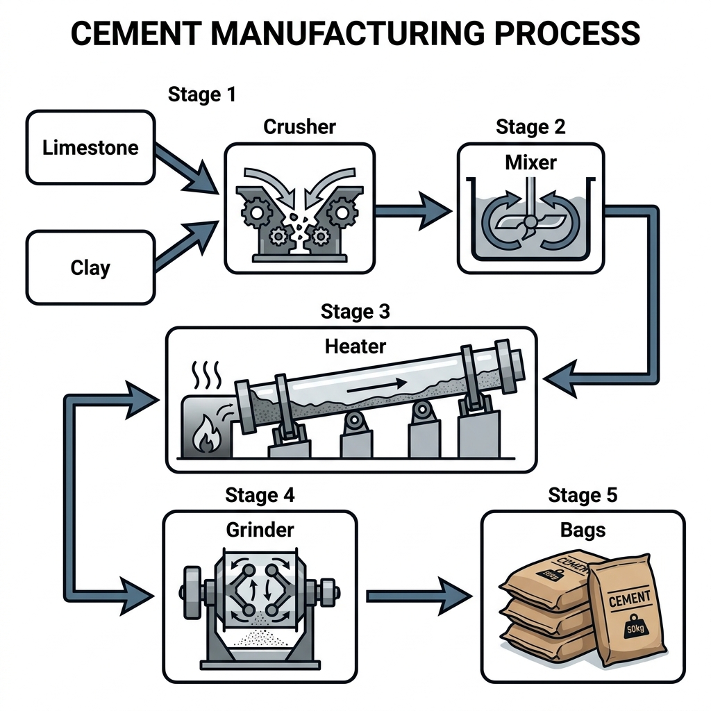 A diagram showing the process of cement production.