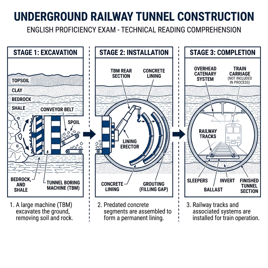 Diagram showing the step-by-step process of constructing an underground railway tunnel.