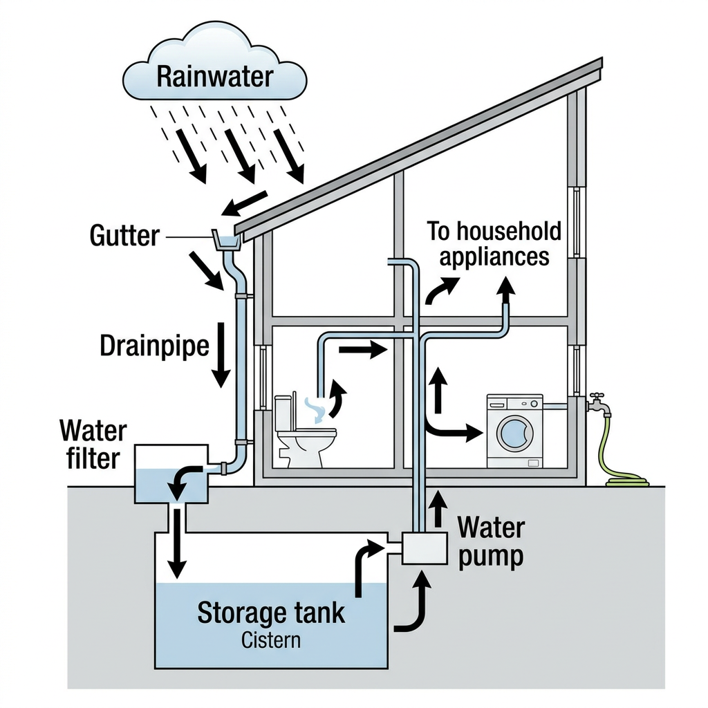 A process diagram illustrating the collection, filtration, and distribution of rainwater in a residential house.