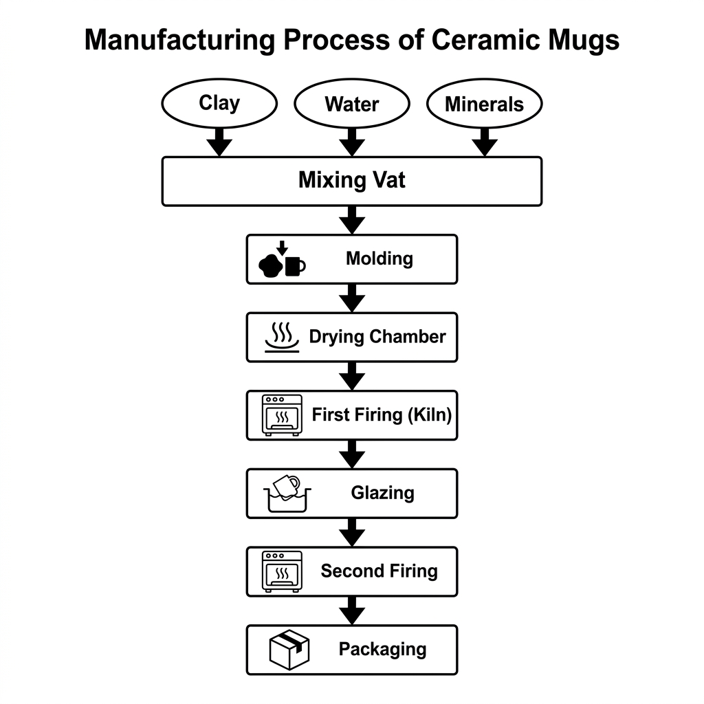 Flowchart illustrating the manufacturing process of ceramic mugs.