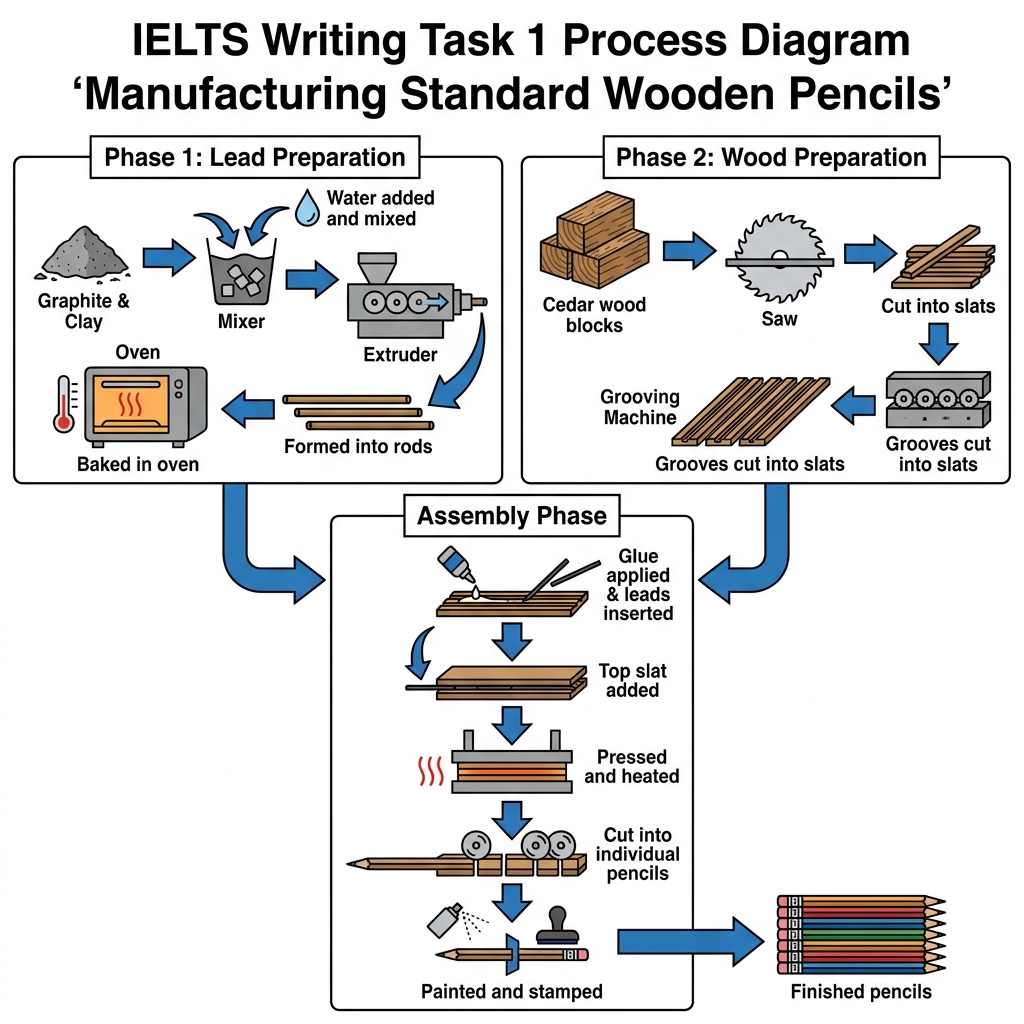 A process diagram illustrating the manufacturing of wooden pencils, from raw graphite, clay, and cedar wood to the final packaged product.