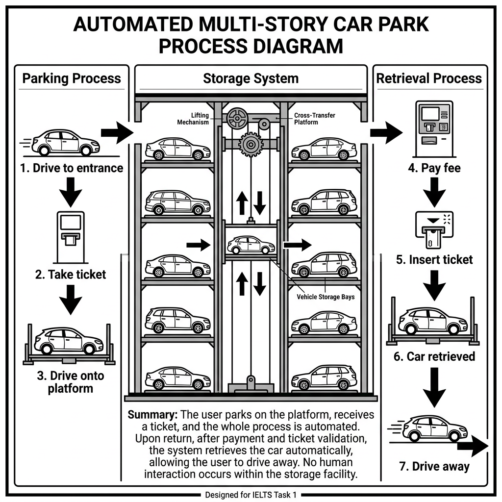 A process diagram showing the step-by-step sequence for parking and retrieving a car in a modern automated parking facility.