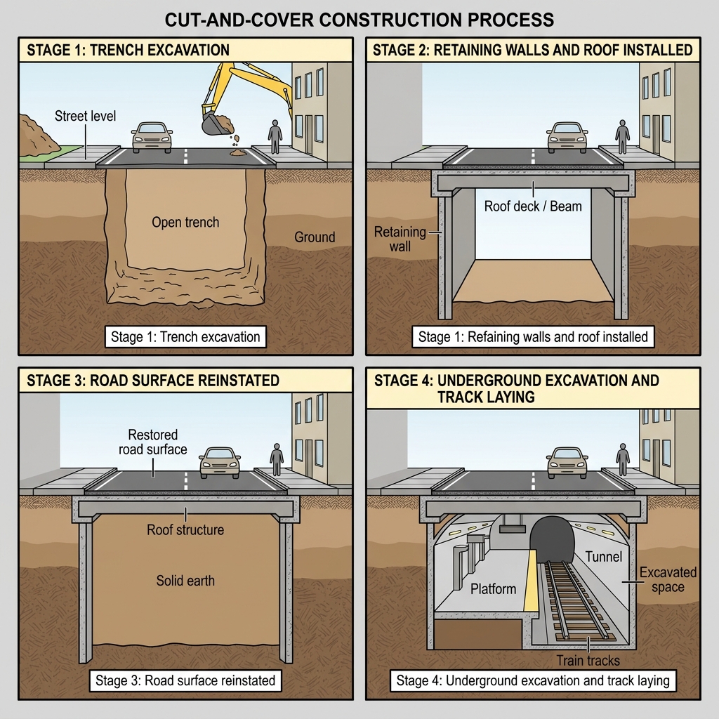 Process diagram showing four stages of building a cut-and-cover underground railway station.