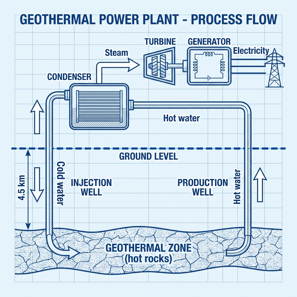 A diagram illustrating the process of electricity generation in a geothermal power plant.