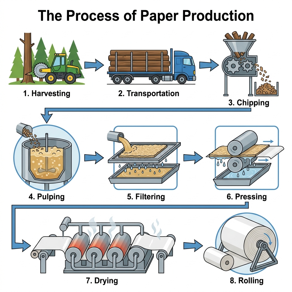 Diagram showing the eight stages of manufacturing paper from wood.
