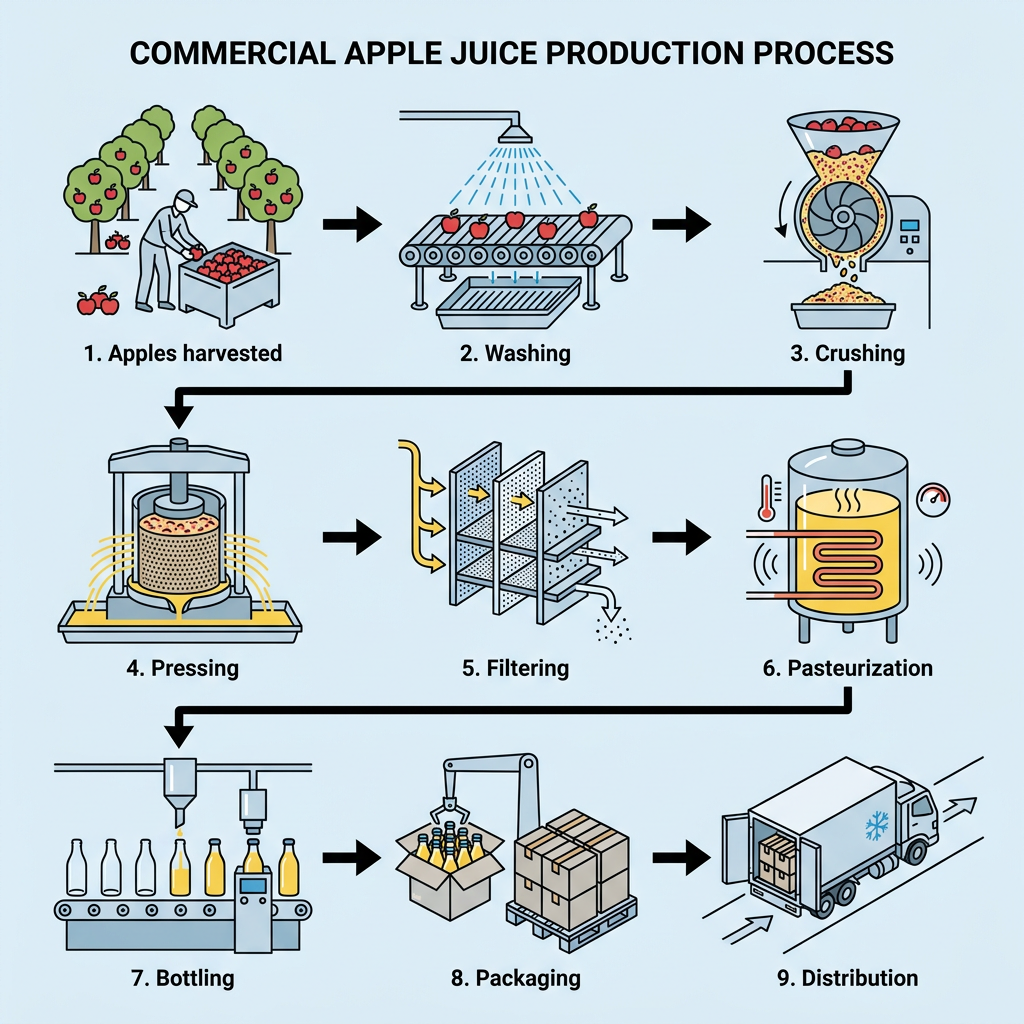 A process diagram showing the steps involved in the commercial production of apple juice.